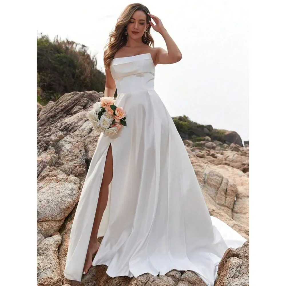 Modern Wedding Dress Satin Simple Plain Wedding Gown Corset Silk Side Slit Prom - Picture 5 of 8